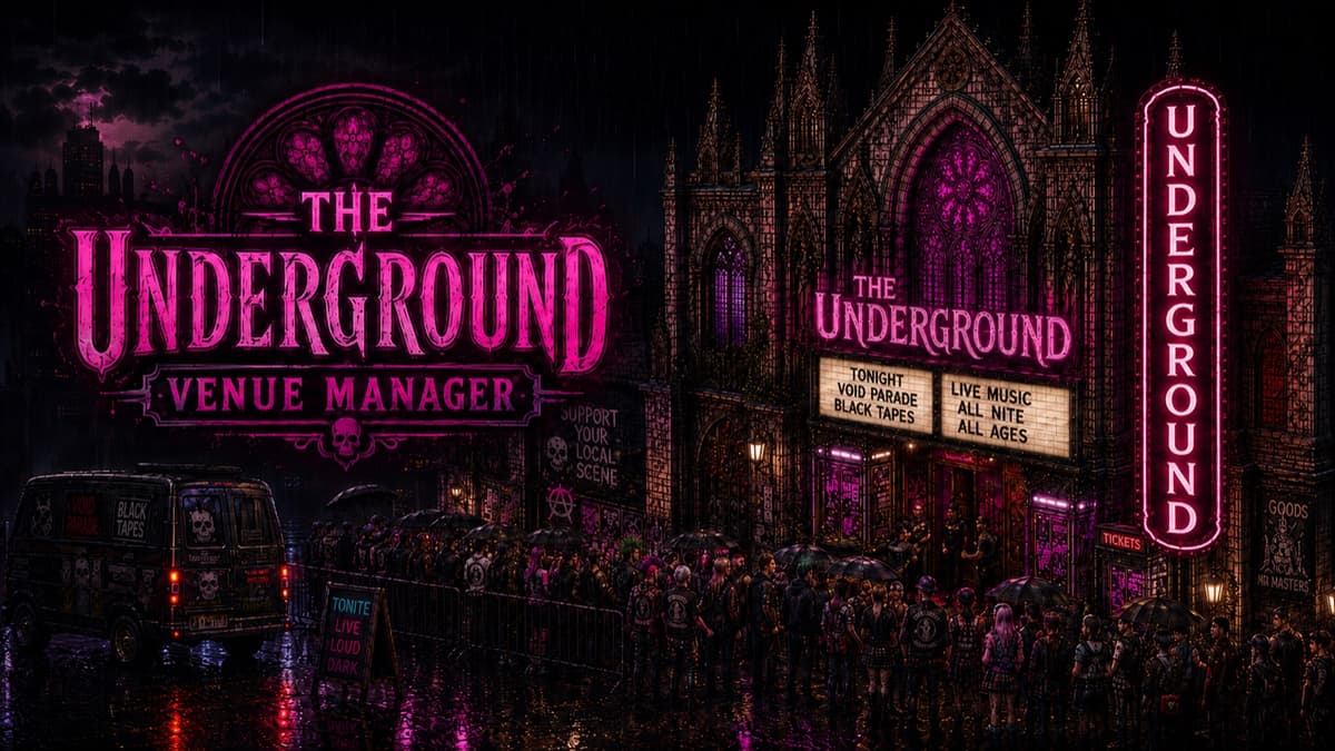The Underground — cyberpunk-noir illustration of a neon-lit dive bar with crowd queued under rain, branded marquee, and venue facade