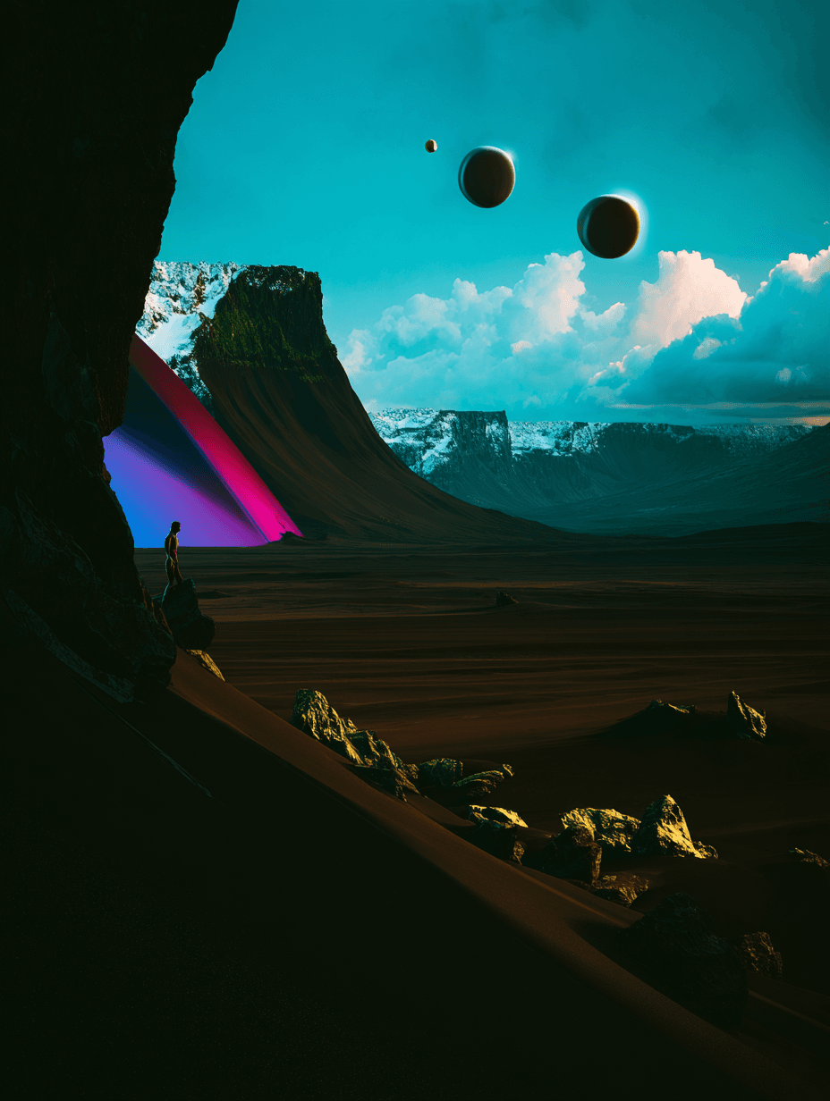 The Archivists — surreal moonscape with twin moons rising over a chroma-streaked desert horizon
