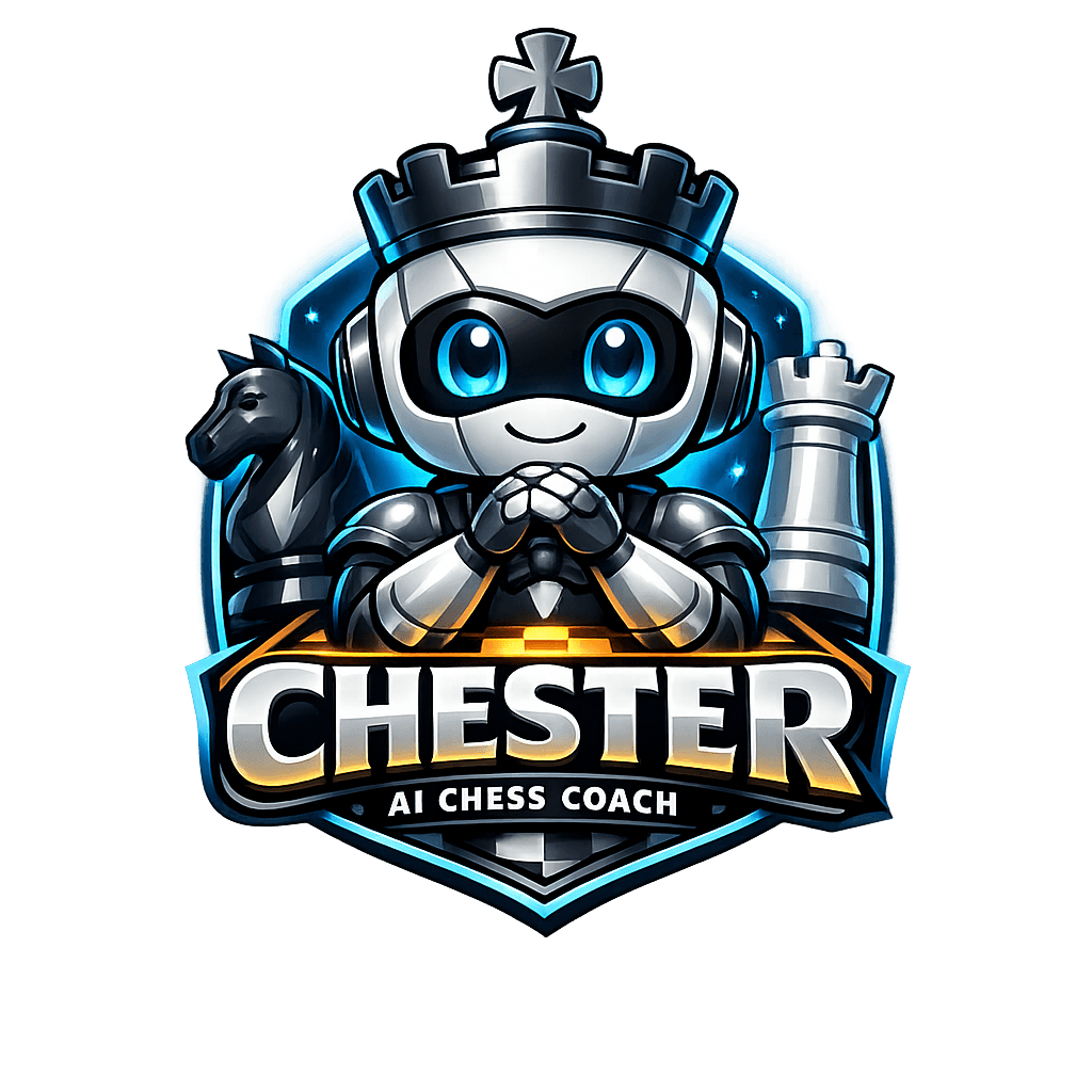 Chester — chibi robot king with chess pieces, AI Chess Coach wordmark