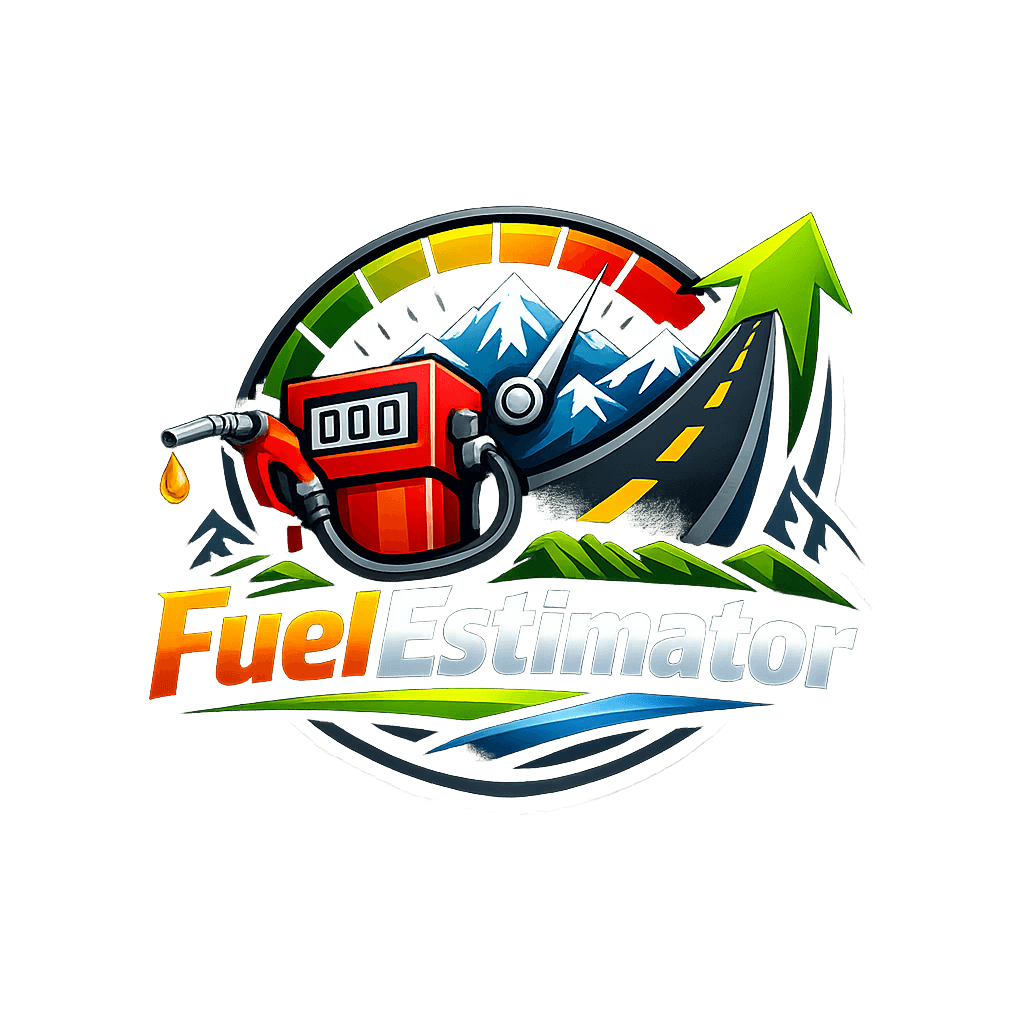 Fuel Estimator — tour-bus fuel cost calculator logo with a fuel pump, gauge, and mountain road